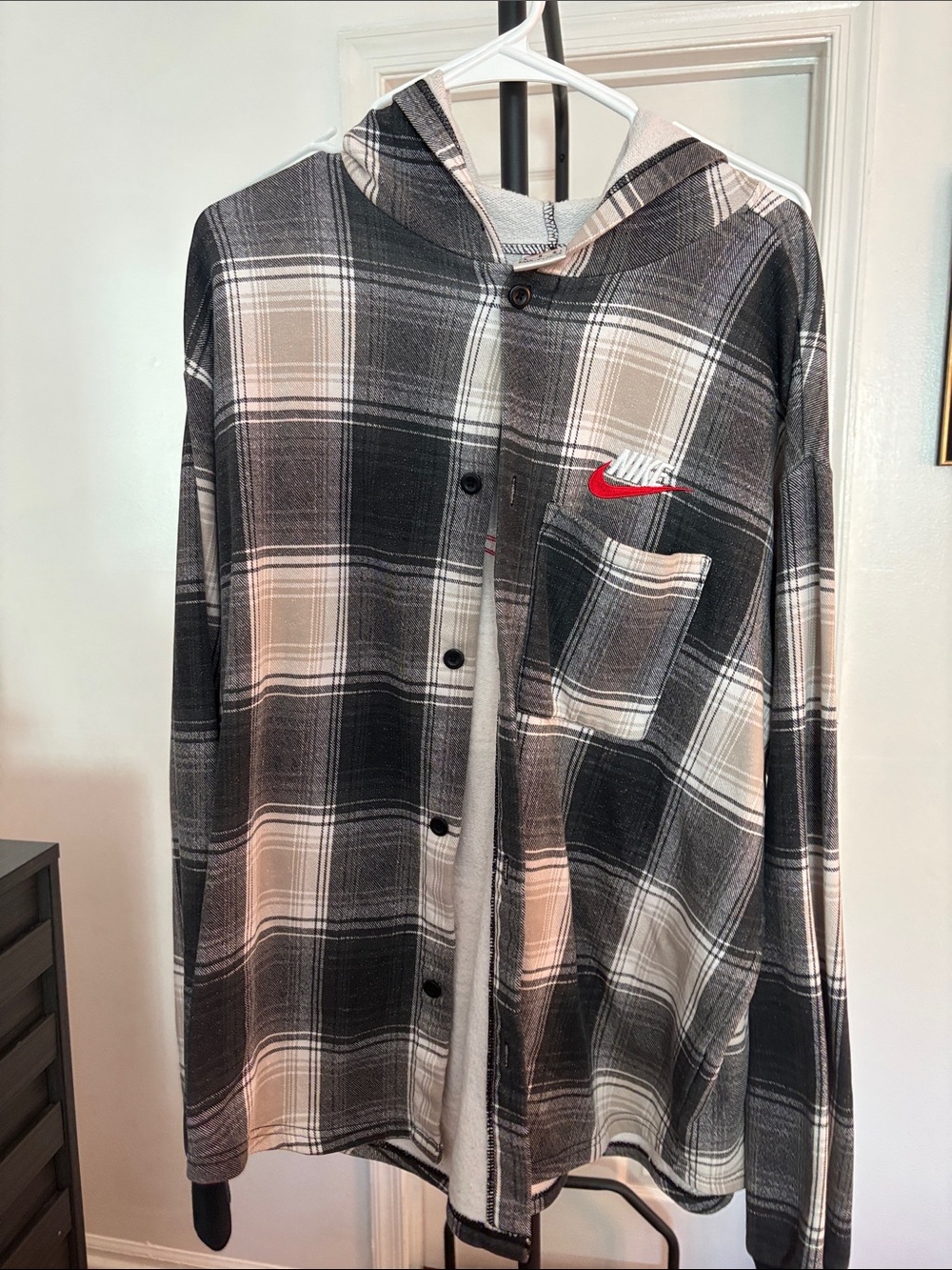 Supreme Black Gray and Cream Plaid Hooded Shirt Jacket with Red Logo
